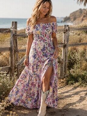 Astr Floral Off-Shoulder Tiered Maxi Dress in White with Pink, Yellow & Purple